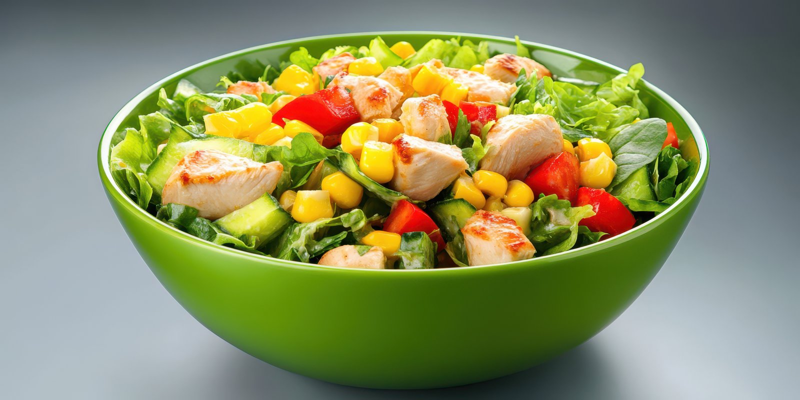 Fresh salad with grilled chicken, mixed greens, and colorful vegetables served in a green bowl